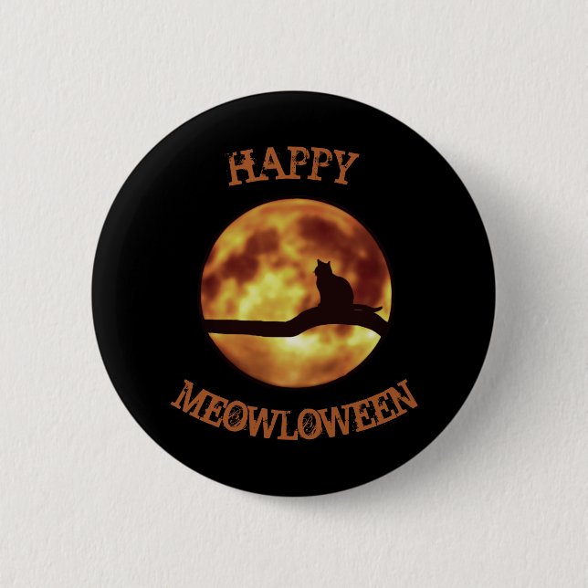 Glad MEOWloween Måne Svart Katt Silhuett Puns Knapp (Framsida)