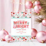 Glad Merry & Bright | Retro Rosa och Röd Jul Julkort<br><div class="desc">Det här kortet har en glad hölsning i modern victoriansk typografi på en rosa och röd julbakgrund. Du kan anpassa med dina namn och år.</div>