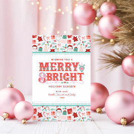 Glad Merry & Bright | Retro Rosa och Röd Julmistel Julkort