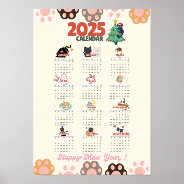 Glad Mew År 2025 väggkalender för kattälskare Poster (Framsidan)