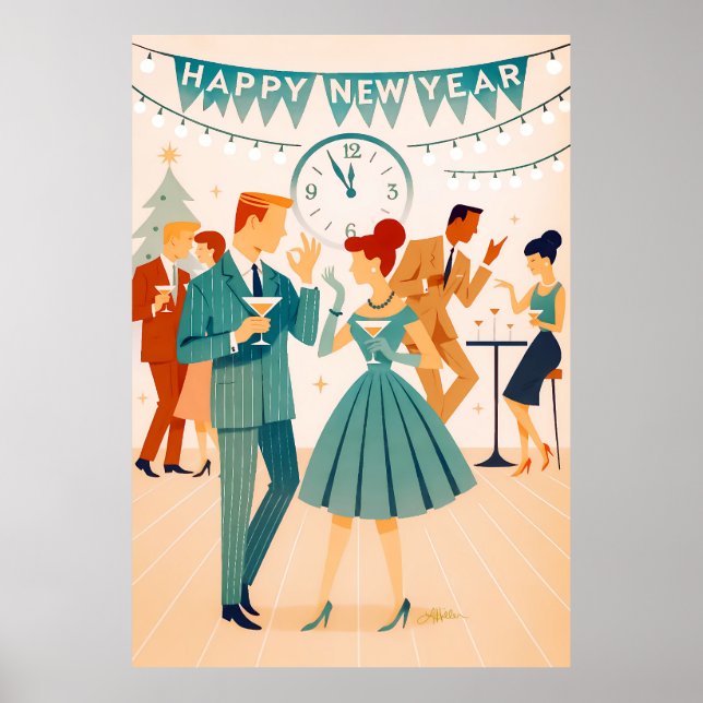 Glad Mid Century Nyår - Martini-dansen Poster (Framsidan)