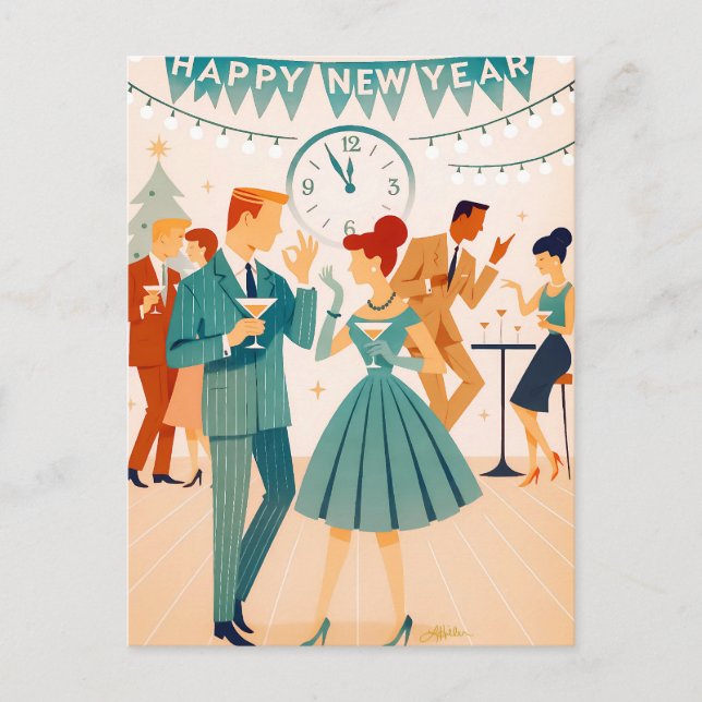 Glad Mid Century Nyår - Martini-dansen Vykort (Framsida)