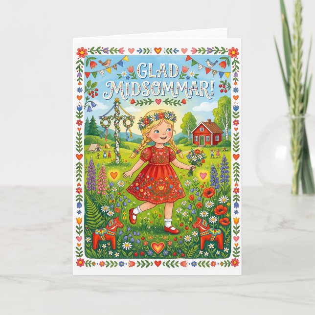 Glad Midsommar: Svensk flicka i blomsterklänning  Helgkort (Framsida)