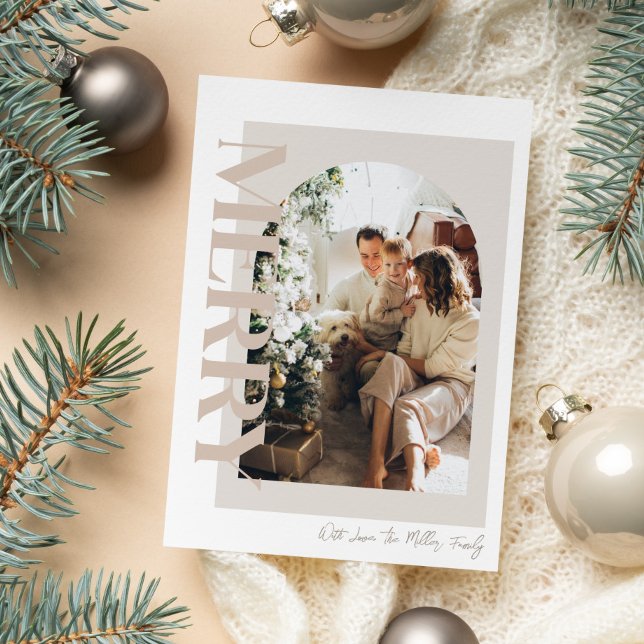 Glad Modern och Neutral Familjefoto  Julkort (Neutral Merry Photo Christmas Card)