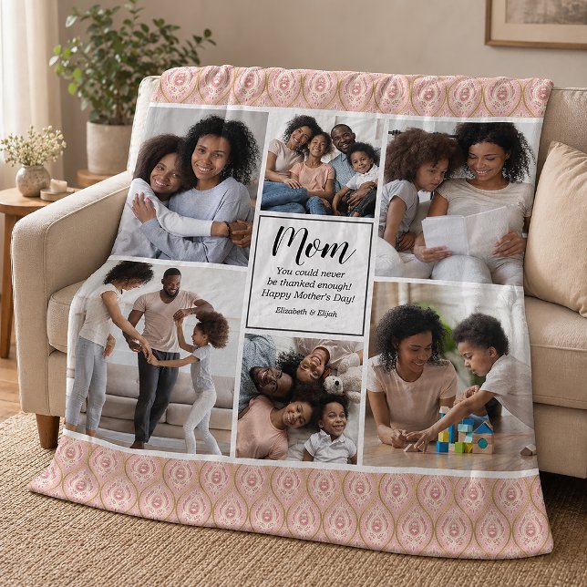 Glad mors dag 6 fotokollage Flanellfilt Fleecefilt (Personalize this pretty 6 photo Mothers day blanket with a pink and gold patterned border. )