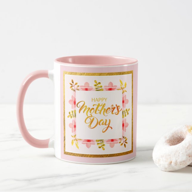 Glad mors dag Blommig, Elegant Rosa & Guld Mugg (Med munk)