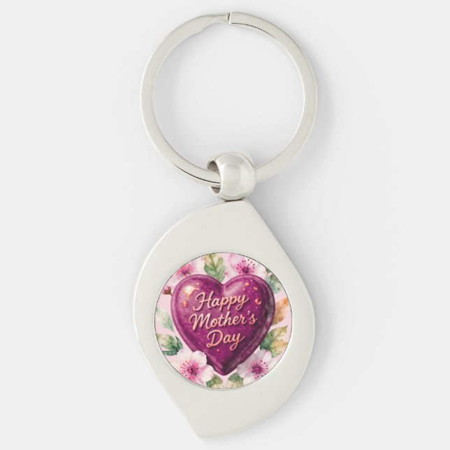 Glad mors dag Lila hjärta blommar Swirl Silverfärgad Nyckelring (Framsidan)