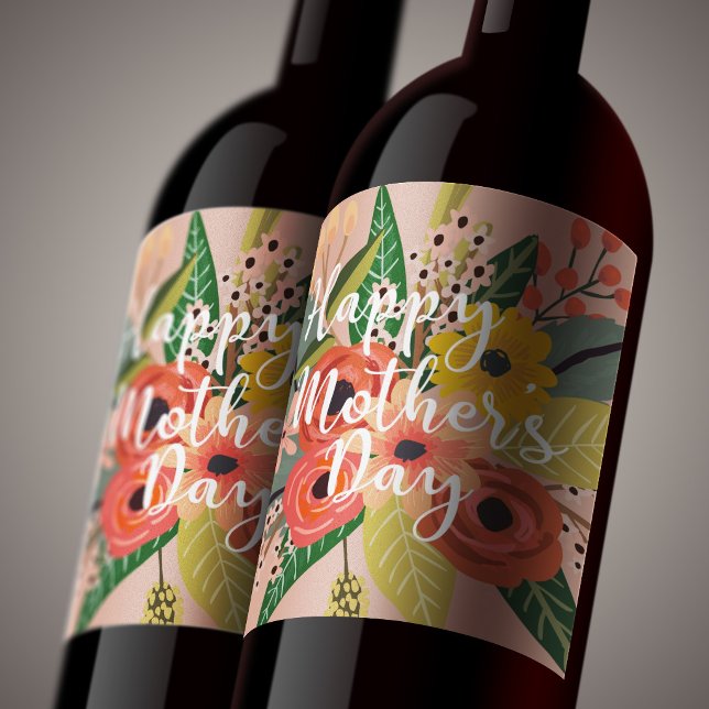 Glad mors dag Modern Färgrik Blommig Skrift Vinflaska Etikett (Skapare uppladdad)
