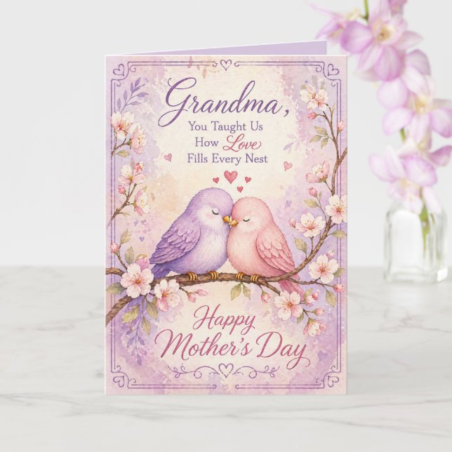 Glad mors dag Mormor Whimsical Lovebirds Kort (Orkide)