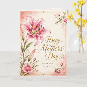 Glad mors dag Rosa Lilja Floral Akvarell Kort