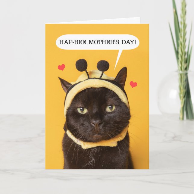 Glad mors dag Söt katt i humlebi-hatt Hum Helgkort (Framsida)