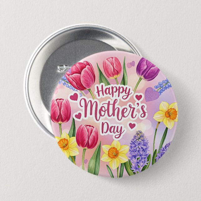 Glad mors dag, vårblommor, knapp (Framsida & baksida)