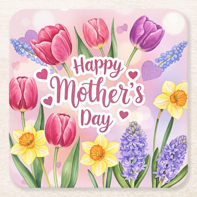 Glad mors dag, vårblommor, underlägg papper kvadrat (Framsidan)