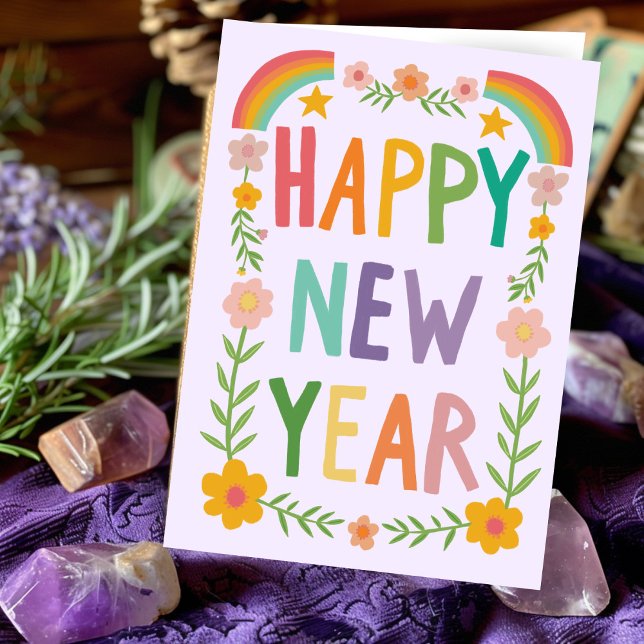 Glad Munter GOTT NYTT ÅR Handlettering Kort (Cheerful Whimsical HAPPY NEW YEAR Rainbow Boho Floral Handlettering Greeting Card
)