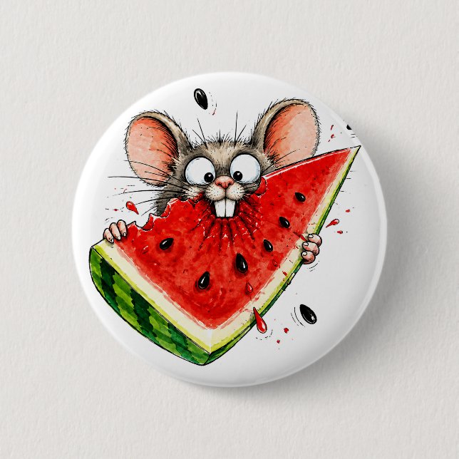 Glad mus äter vattenmelon knapp (Framsida)
