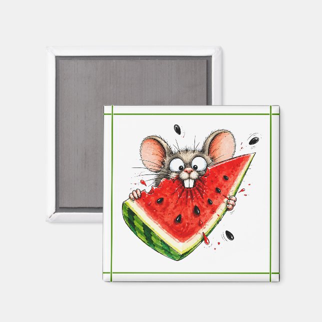 Glad mus äter vattenmelon magnet (Front/Back)