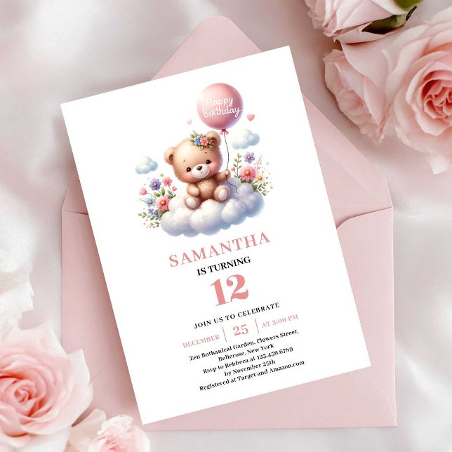 Glad nalle blomsterballong födelsedagsinbjudan inbjudningar (Joyful teddy bear floral balloon birthday invitation

)