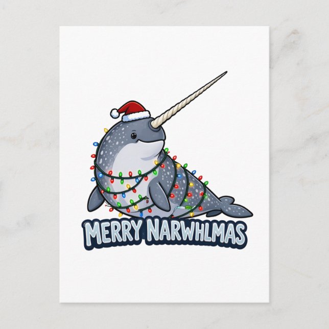 Glad Narwhaljul Narval Julbelysning Roligt   Helg Vykort (Framsida)