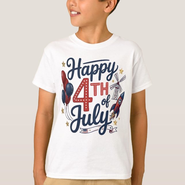 Glad nationaldag Patriotik raket & stjärnor T Shirt (Framsida)