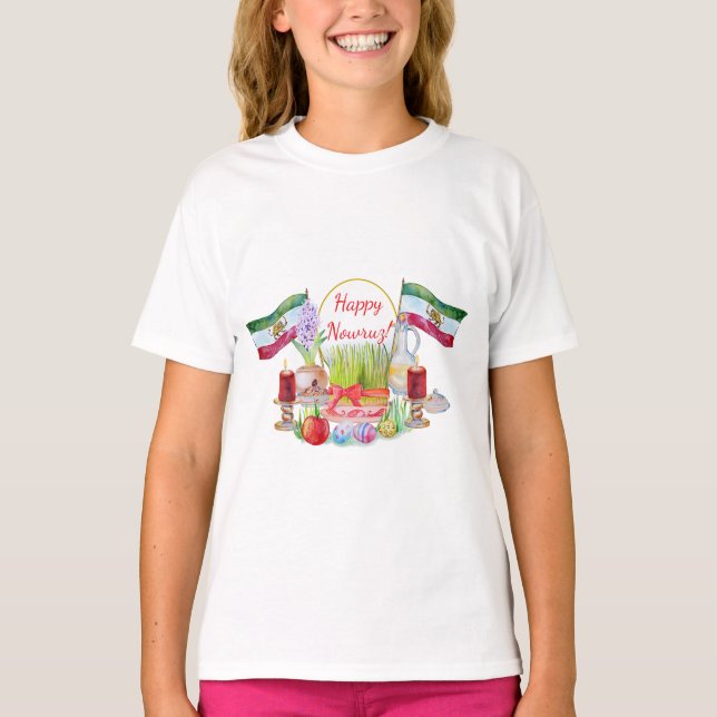 Glad Norooz Haft Sin med Lejon- och Solflaggor T Shirt (Framsida)
