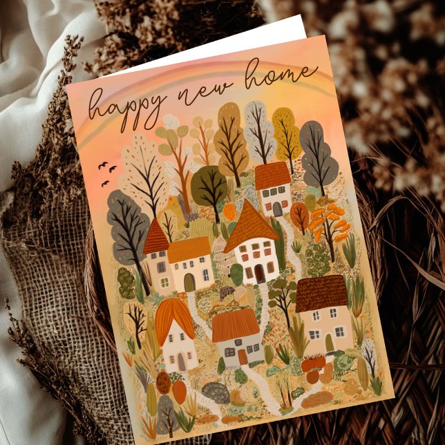GLAD NY BOSTAD Höst Landskapsby Illustration Kort (HAPPY NEW HOME Congratulation on Moving to a New House Autumn Country Village Illustration Card
)