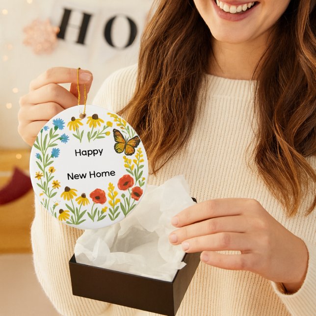 Glad ny hem Floral  Julgransprydnad Keramik (Happy New Home..cheerful floral housewarming gift with greeting on backside )