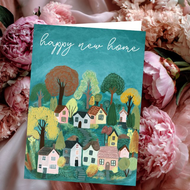 GLAD NY HEM Liten lantlig byillustration Kort (HAPPY NEW HOME Congratulations Moving Cute Country Village Illustration Card
)