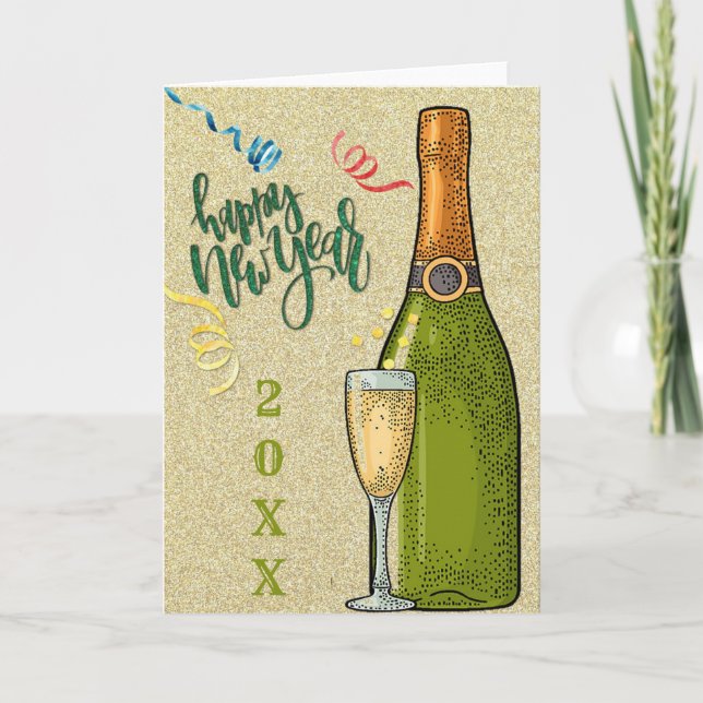 Glad Nyår Champagne Guld Glitter Kort (Framsida)