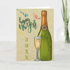 Glad Nyår Champagne Guld Glitter Kort