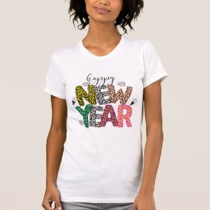 Glad Nyår Flerfärgad Leopardtryckt T-Shirt
