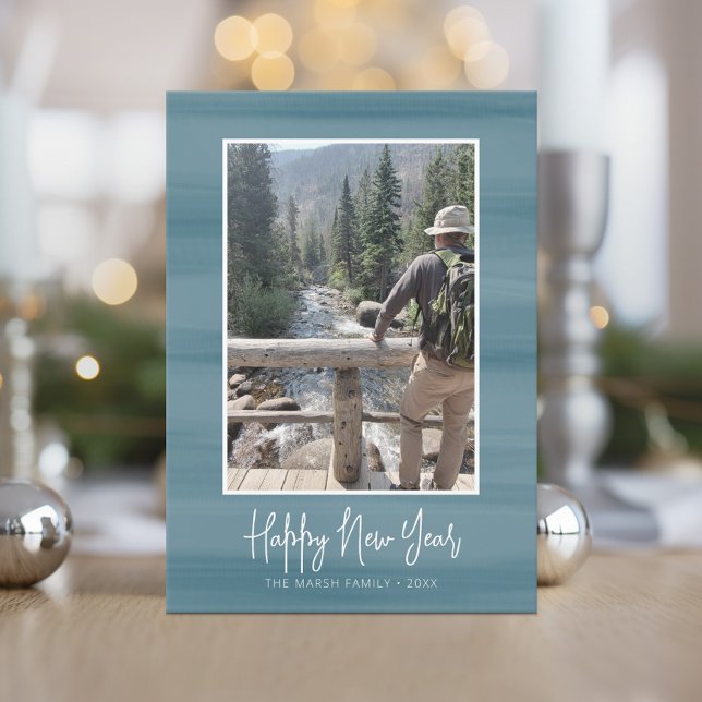 Glad nyår Foto med mjuk akvarellblå färg Julkort (Happy New Year Card with 1 Photo)