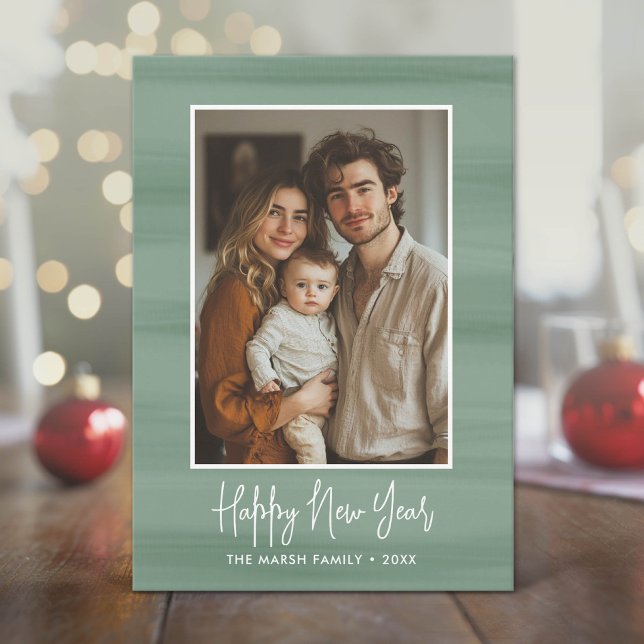 Glad nyår Foto med mjuk vattenfärg grön Julkort (Modern Holiday Greeting with Photo)