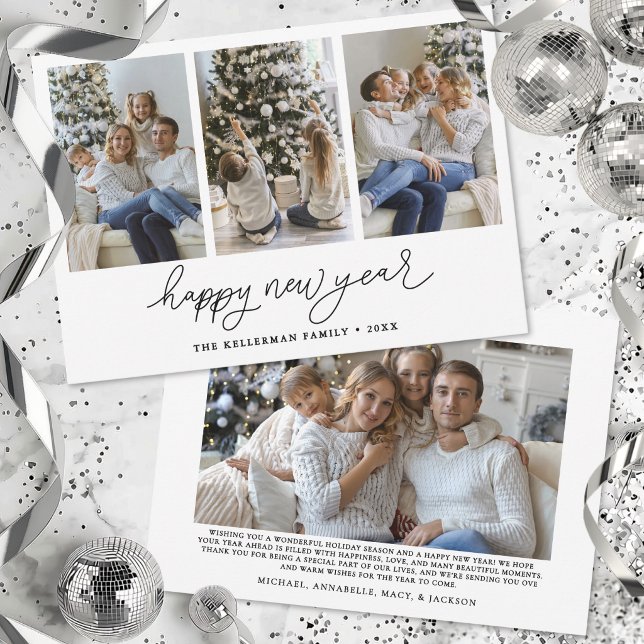 Glad nyår Minimalistiskt manus Elegant foto  Julkort (Happy New Year Minimalist Script Elegant Photo Holiday Card)