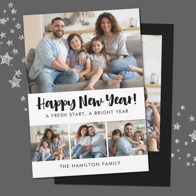 Glad nyår Script Familj 5 Fotokollage Julkort (A simple hand lettered script Happy new years photo card. Personalize it with you photos and name)