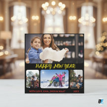 Glad Nyårs Script Svart Gul 4 Foto Collage