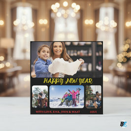 Glad Nyårs Script Svart Gul 4 Foto Collage Julkort