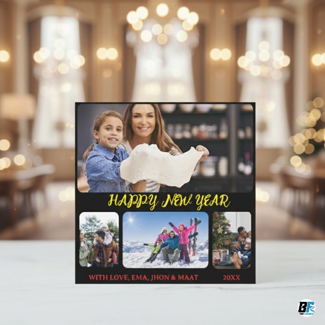 Glad Nyårs Script Svart Gul 4 Foto Collage Julkort (Skapare uppladdad)