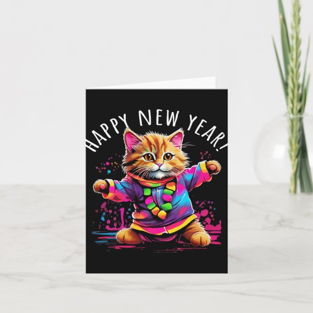 Glad Nyårsfest Dansande Katt Design  Kort (Framsida)