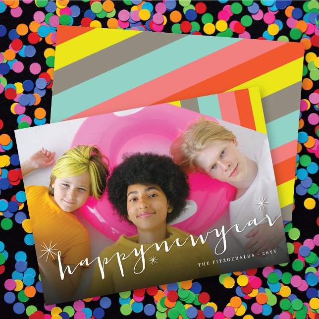 Glad Nyårsstjärnor Och Färgglada Ränder Foto Julkort (Skapare uppladdad)