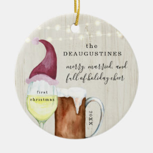 Glad och gift första jul öl & vin julgransprydnad keramik