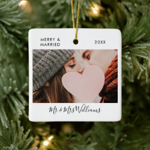 Glad och gift Herr Fru 2 Foto Signatur Skript Julgransprydnad Keramik