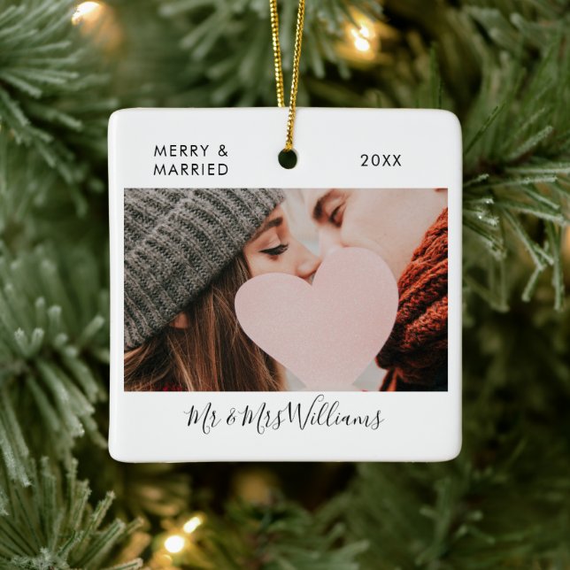 Glad och gift Herr Fru 2 Foto Signatur Skript Julgransprydnad Keramik (Träd)