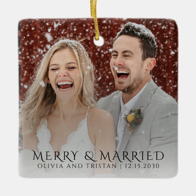 Glad och gift julfoto julgransprydnad keramik (Framsida)