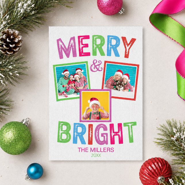 Glad och ljus färgrik julkort med foto inbjudningar (Merry and Bright Colorful Photo Christmas Card)