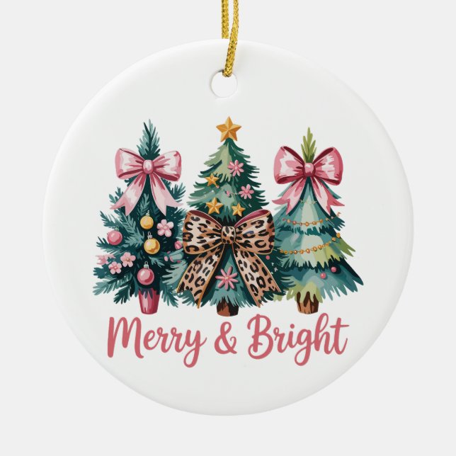 Glad och ljus julgran rosa leopardbåge julgransprydnad keramik (Framsidan)