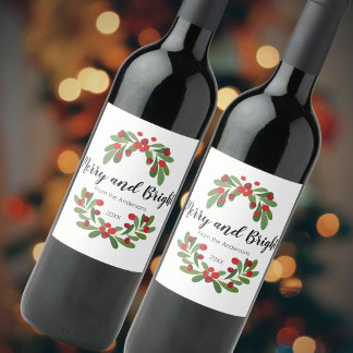 Glad och ljus julkrans familje jul vinflaska etikett
