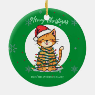 Glad och ljus katt jul kattunge snö vinter julgransprydnad keramik