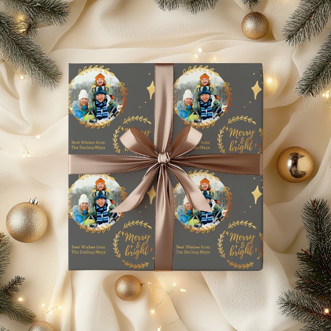Glad och ljus med eget foto - guld och grått presentpapper (Photo christmas wrapping paper - Merry & Bright)