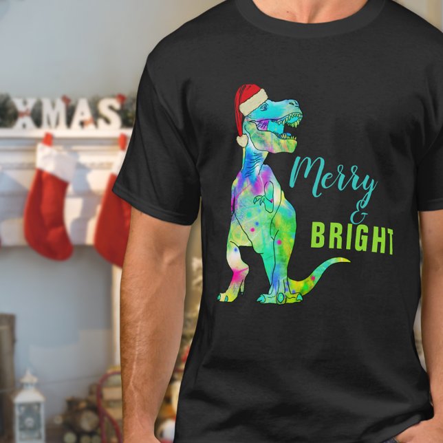 Glad och Ljusig Rolig Juldinosarie T Shirt (Merry and bright funny Christmas dinosaur T-shirt Colorful T-Rex wearing a santa hat )