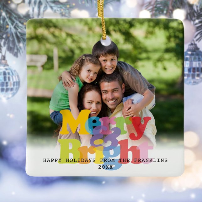 Glad och ljust Foto Jul Helgdag Julgransprydnad Keramik (Merry And Bright Photo Christmas Holiday Ceramic Ornament)
